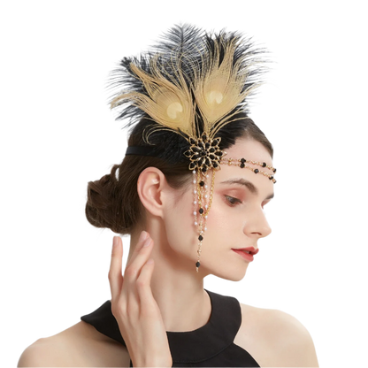 Gold rhinestone and feather headband with 1920s Gatsby design for luxury resort theme nights

