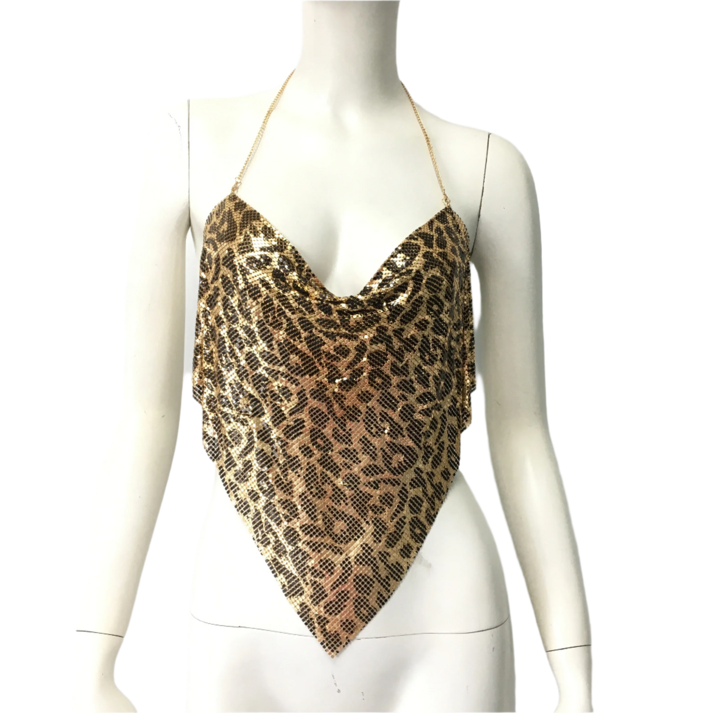 Seductive glitter leopard print crop top with metal sequins, featuring plunging V-neck and backless halter design for sultry summer nights Since I notice you're expanding your leopard print and sequin collections, let me suggest some SEO optimization strategies for this new crop top:

