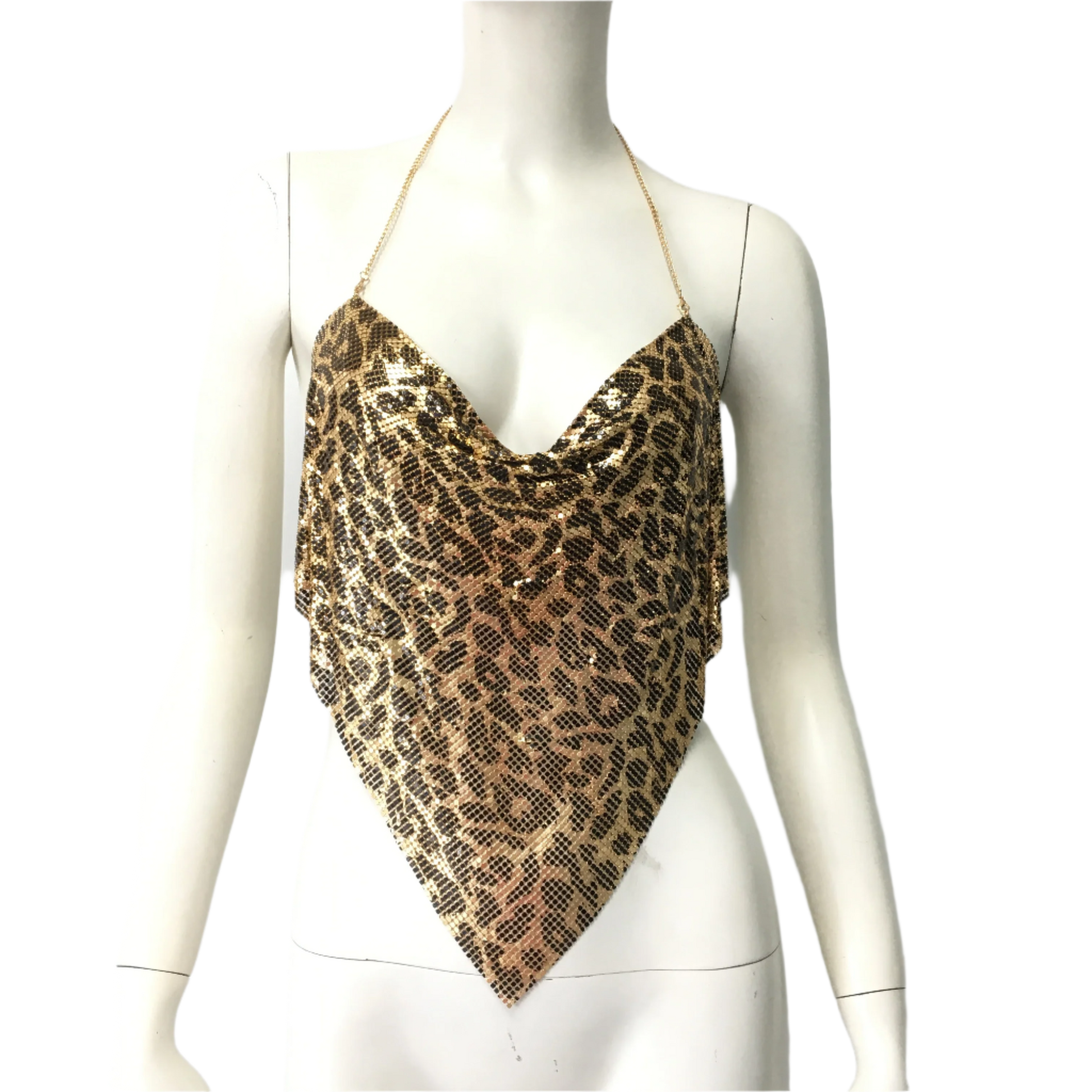 Seductive glitter leopard print crop top with metal sequins, featuring plunging V-neck and backless halter design for sultry summer nights Since I notice you're expanding your leopard print and sequin collections, let me suggest some SEO optimization strategies for this new crop top:

