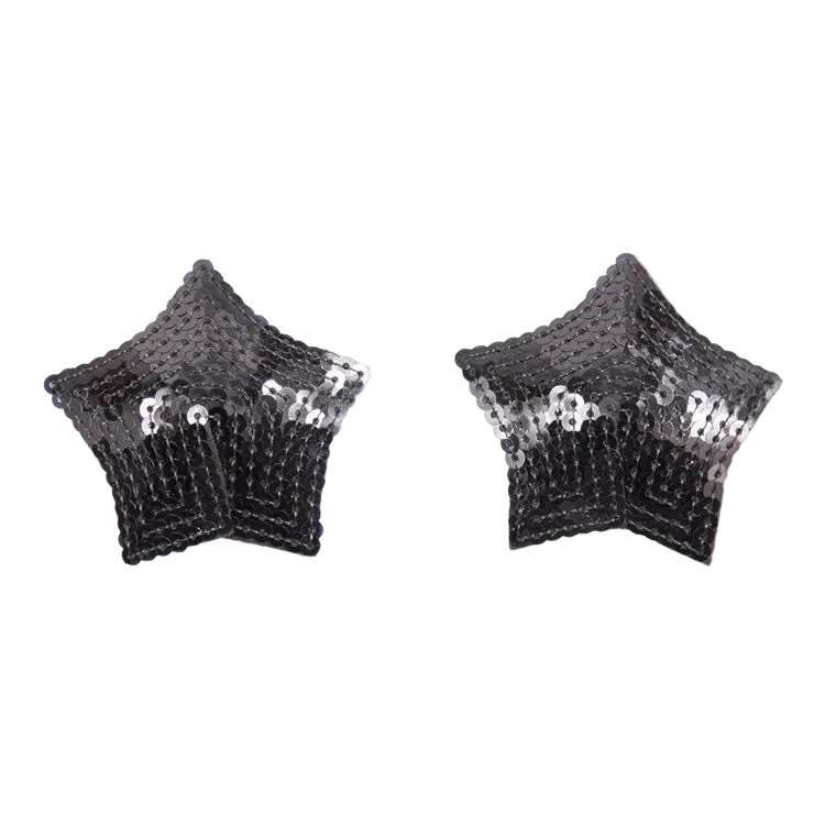 A pair of black sequined star-shaped embellishments on a plain white background.