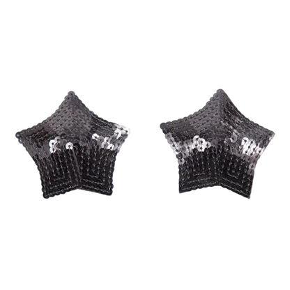 A pair of black sequined star-shaped embellishments on a plain white background.
