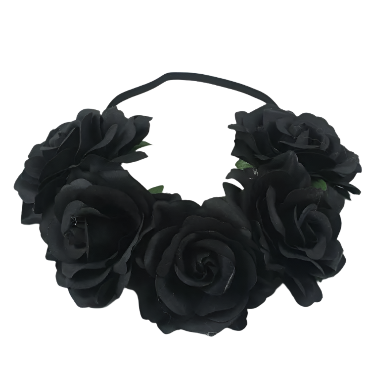 A floral headband featuring large, vibrant roses. The design is bold and romantic, perfect for a bohemian or festival look.