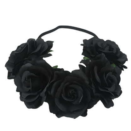 A floral headband featuring large, vibrant roses. The design is bold and romantic, perfect for a bohemian or festival look.