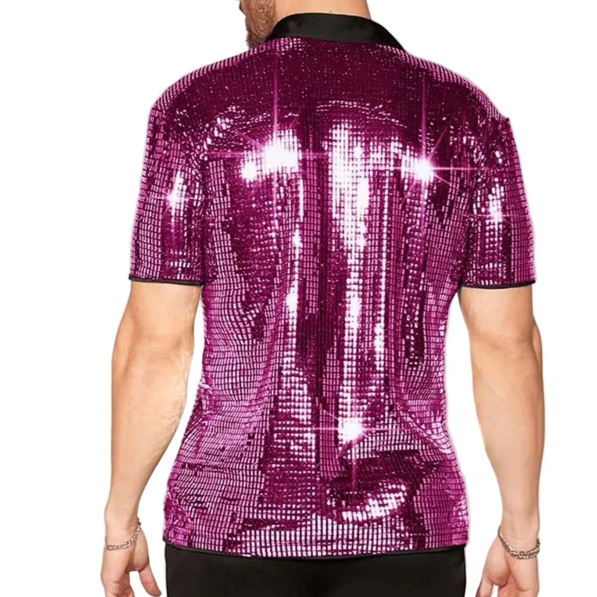 Person wearing a sparkling purple sequin shirt on a plain background