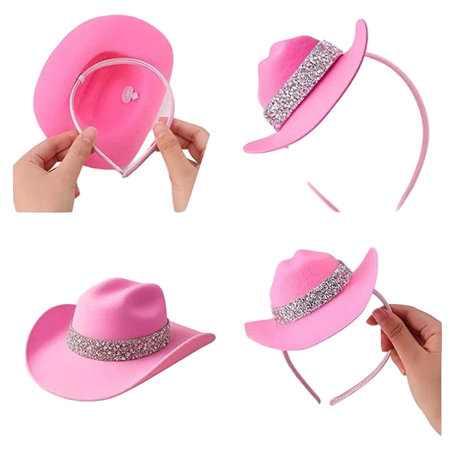Pink cowboy-style hat headband shown in a four-panel collage, including views of the hat alone, the headband alone, and hands holding the headband to demonstrate fit. The hat has a shiny silver rhinestone band and a pink brim and crown.