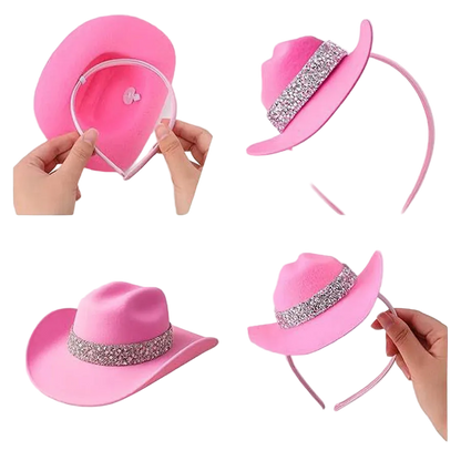 Pink cowboy-style hat headband shown in a four-panel collage, including views of the hat alone, the headband alone, and hands holding the headband to demonstrate fit. The hat has a shiny silver rhinestone band and a pink brim and crown.