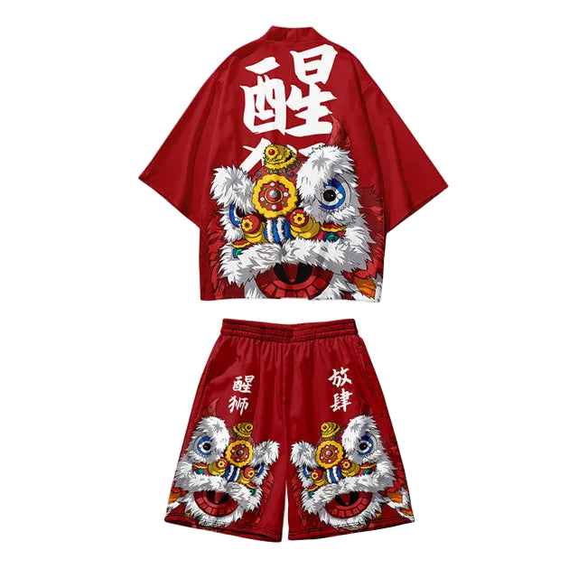 Red outfit with colorful dragon design on a white background