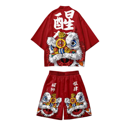 Red outfit with colorful dragon design on a white background
