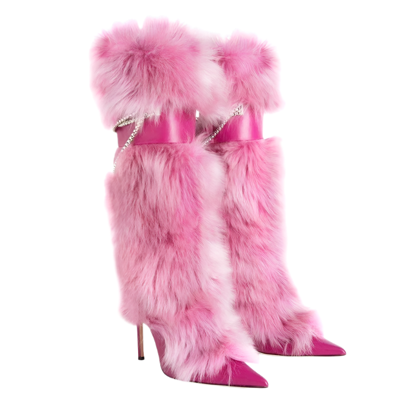 Elegant Knee-Length Fluffy Fur Boots with Stiletto Heel for Resort Evening Wear