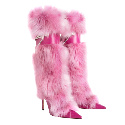 Elegant Knee-Length Fluffy Fur Boots with Stiletto Heel for Resort Evening Wear