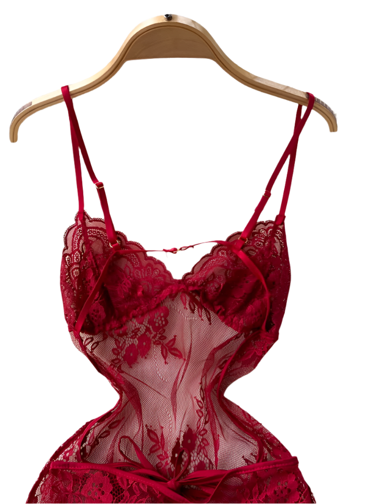 Red lace lingerie set on a hanger against a white textured background