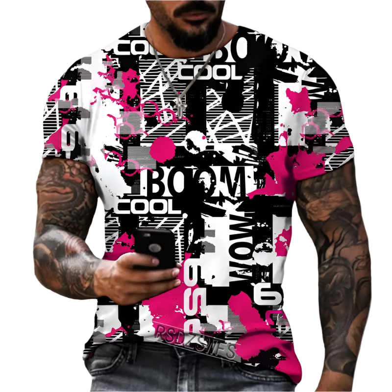 Person wearing a black and pink graphic t-shirt with text