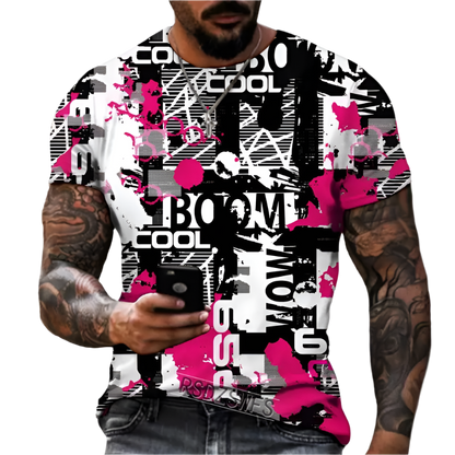 Person wearing a black and pink graphic t-shirt with text