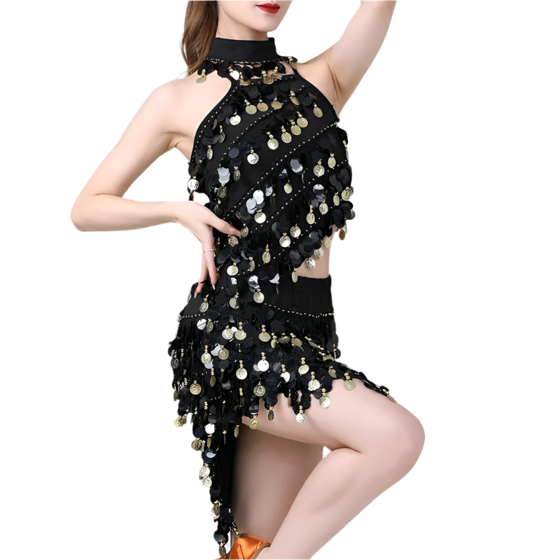  sequin coin tassel Latin dance set with fringe top and skirt for professional resort performances