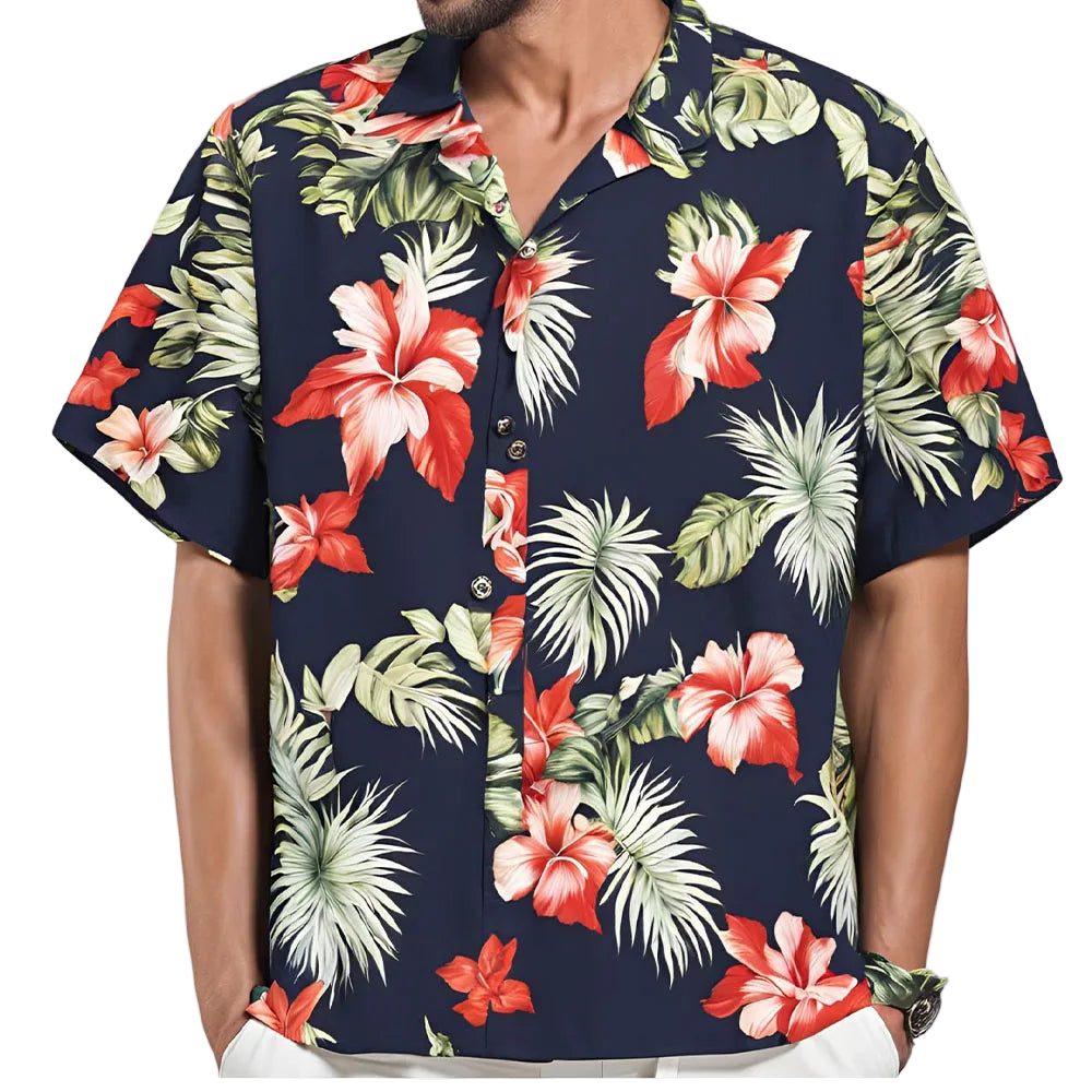 Navy blue shirt with red floral and green leaf pattern worn by a person