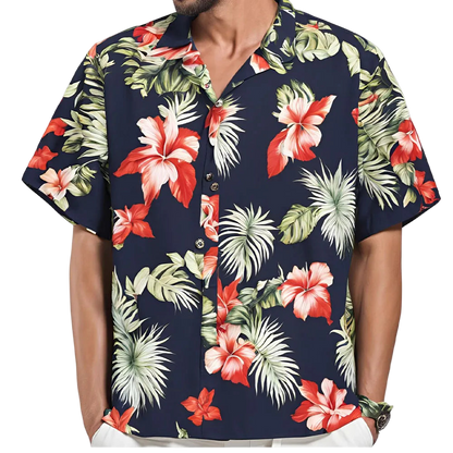 Navy blue shirt with red floral and green leaf pattern worn by a person