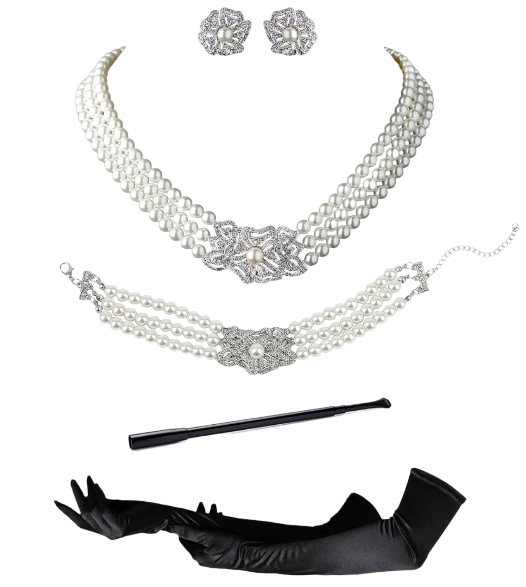 Complete Audrey Hepburn inspired accessory set with pearl necklace, earrings, gloves and cigarette holder for resort theme nights

