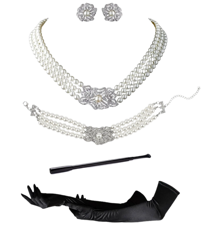 Complete Audrey Hepburn inspired accessory set with pearl necklace, earrings, gloves and cigarette holder for resort theme nights

