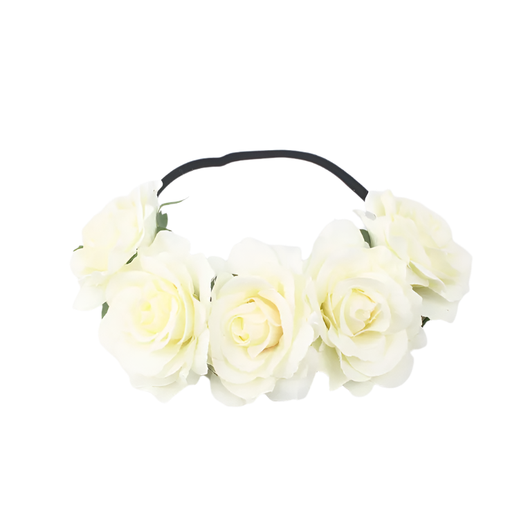 A floral headband featuring large, vibrant roses. The design is bold and romantic, perfect for a bohemian or festival look.