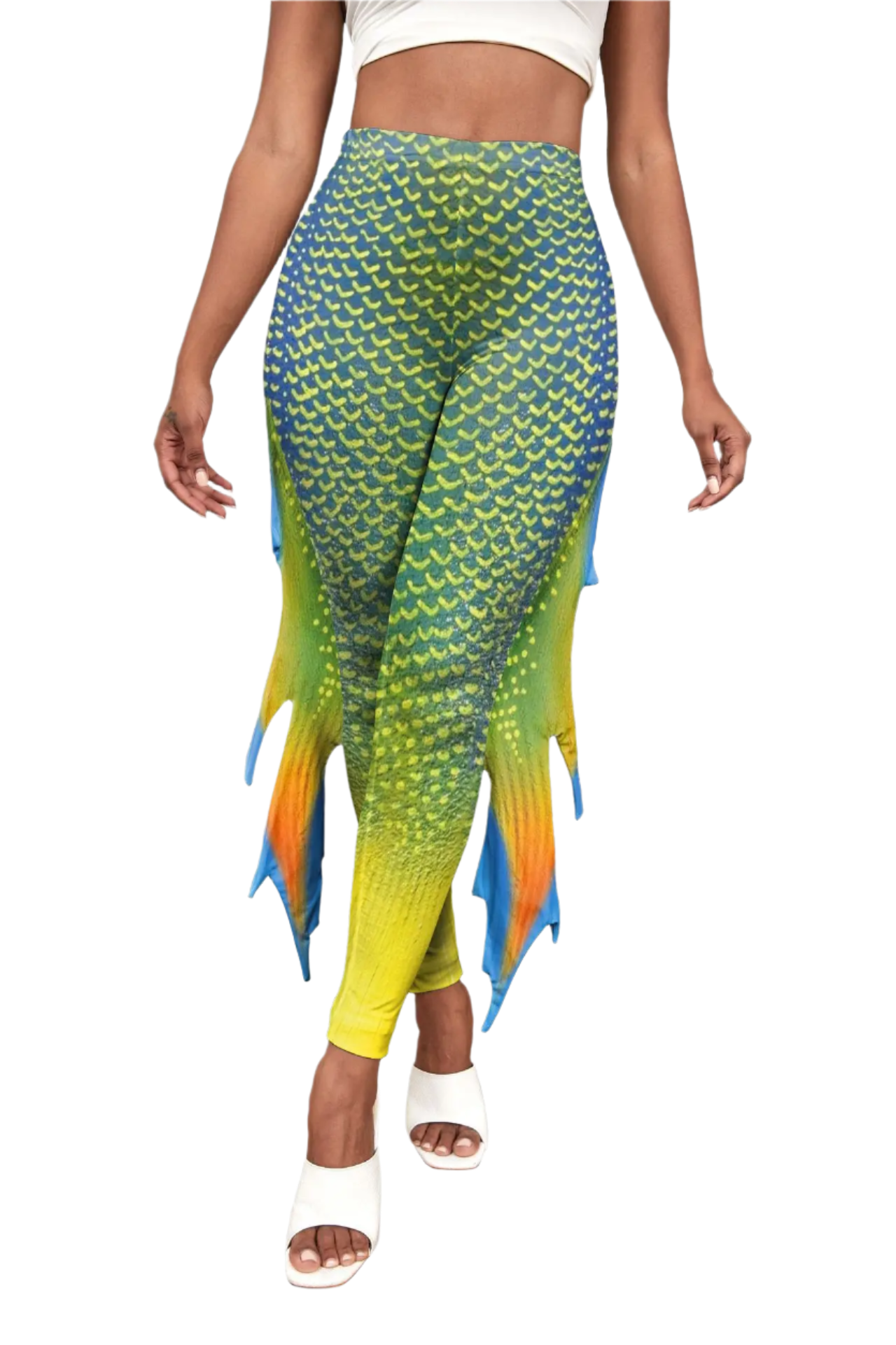 Shimmering fish scale mermaid leggings with octopus print and decorative fins for resort cosplay wear