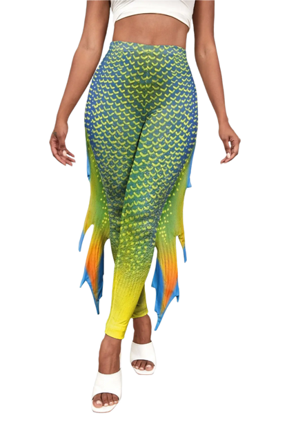 Shimmering fish scale mermaid leggings with octopus print and decorative fins for resort cosplay wear
