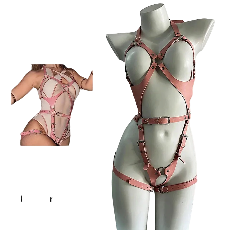 Pink leather harness bodysuit displayed on a gray mannequin, with a small inset photo of a model wearing the same harness and the text 'Pink Leather Harness' on a white background.