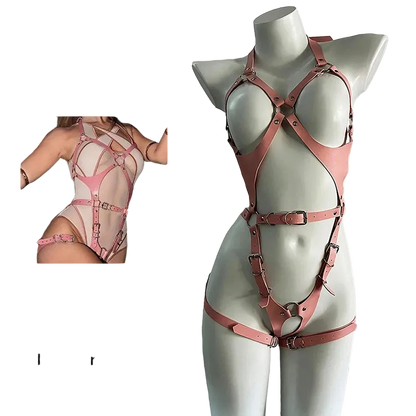 Pink leather harness bodysuit displayed on a gray mannequin, with a small inset photo of a model wearing the same harness and the text 'Pink Leather Harness' on a white background.
