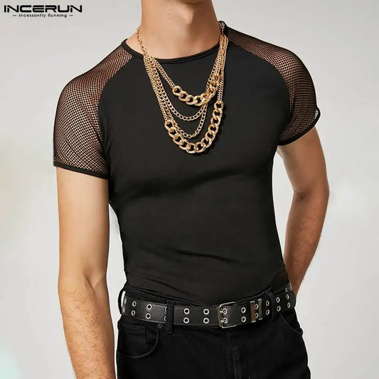 Men's T Shirt Mesh Patchwork O-neck Short Sleeve