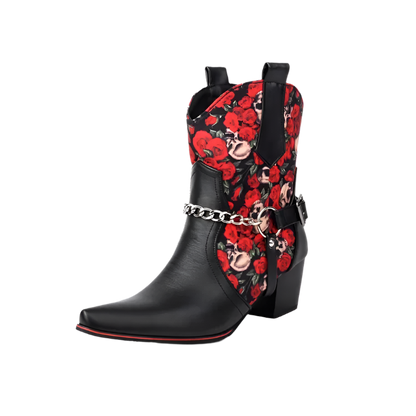 Black cowboy boot with red floral pattern and chain detail on a white background