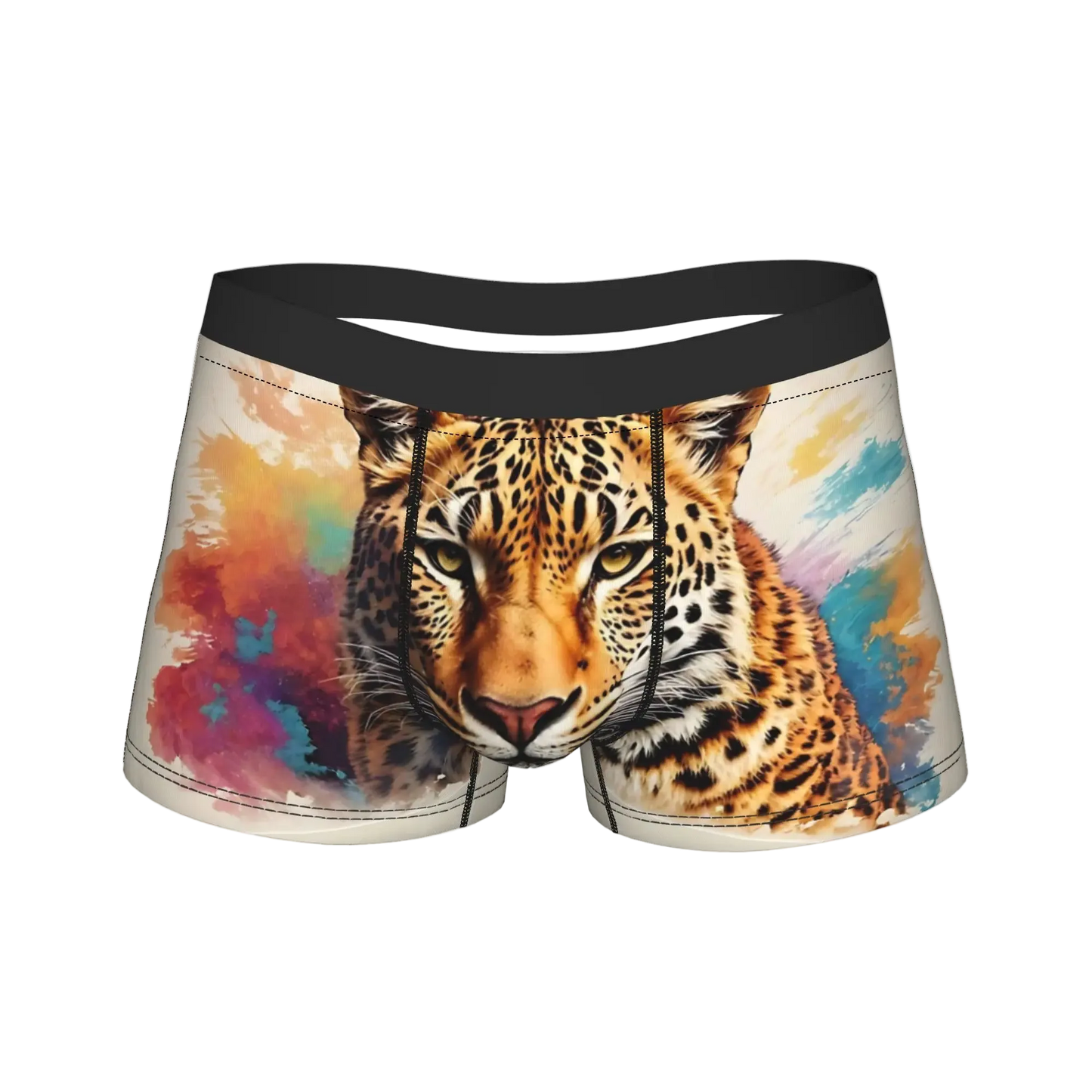 Men's boxer briefs featuring a realistic leopard print graphic on a colorful watercolor background, with a solid black elastic waistband.