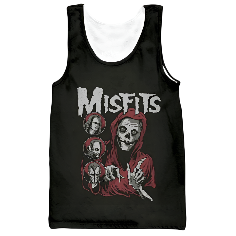 Black tank top with 'Misfits' graphic design featuring a skeleton in a hooded robe.