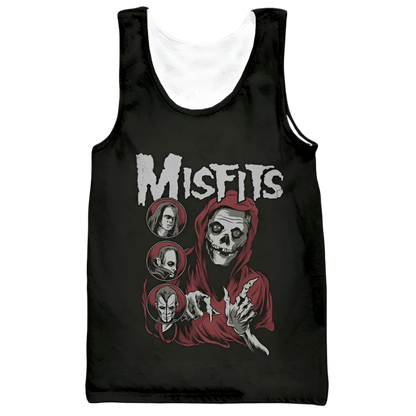 Black tank top with 'Misfits' graphic design featuring a skeleton in a hooded robe.
