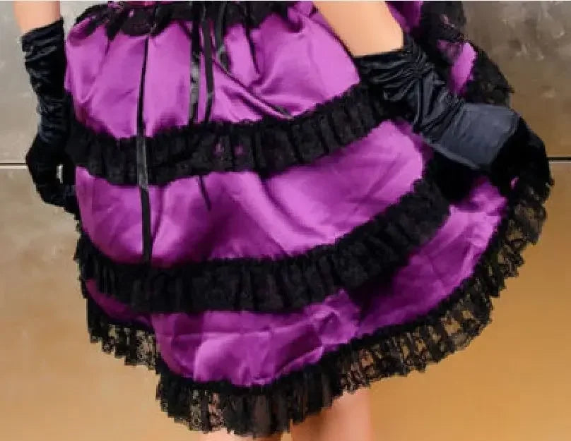 Purple satin ruffled trim, and a high-low layered skirt, designed for a dramatic and elegant burlesque-inspired look