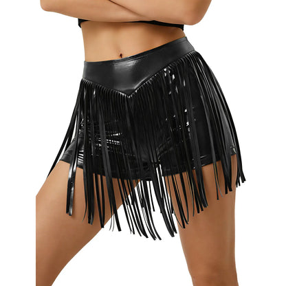 Women Iridescent Metallic Hot Pants with Fringed High Waist Tassel Skirted Shorts Cheeky Shorts Stage Dance Jazz Rock Clubwear