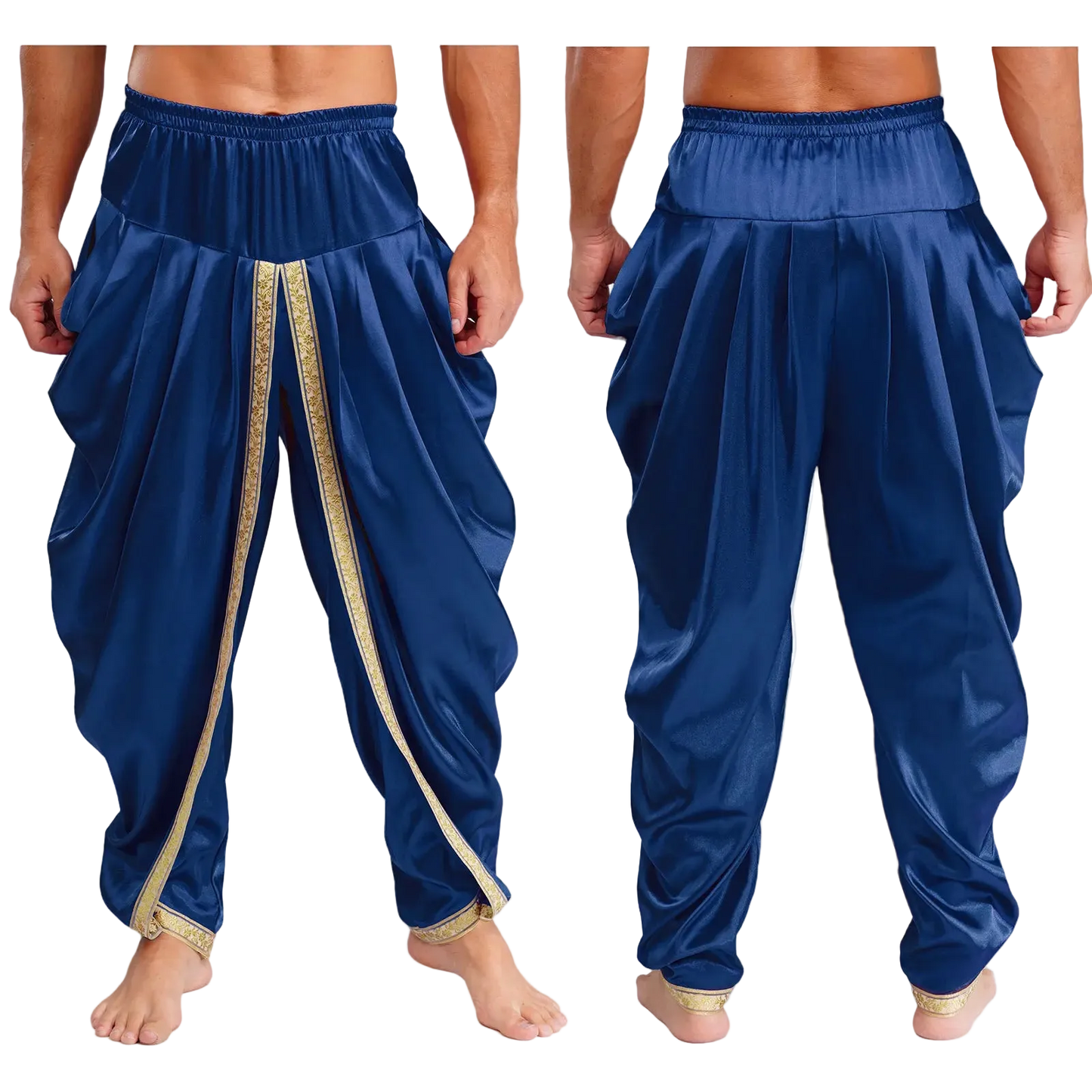 Front and back views of men's royal blue harem pants with gold embroidered trim, shown on a model against a white background.