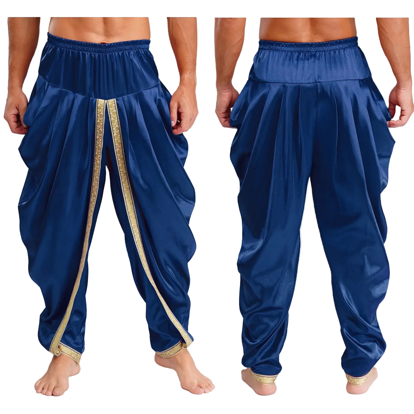 Front and back views of men's royal blue harem pants with gold embroidered trim, shown on a model against a white background.