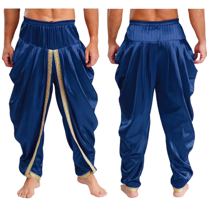 Front and back views of men's royal blue harem pants with gold embroidered trim, shown on a model against a white background.