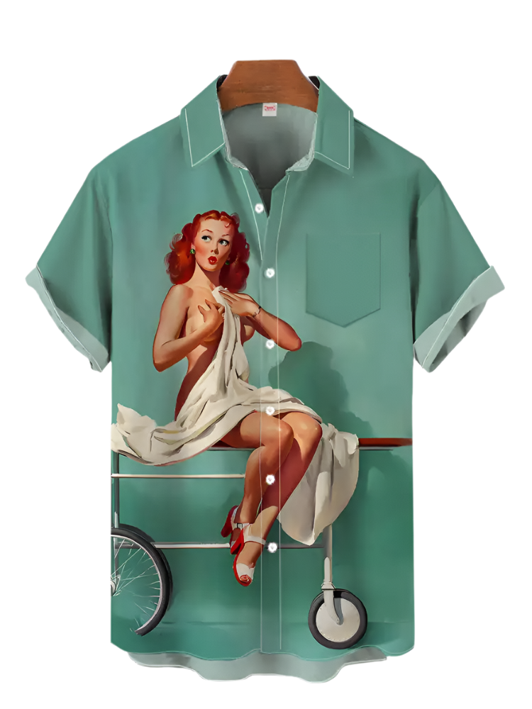 Green shirt with a graphic of a woman on a bicycle on a white background