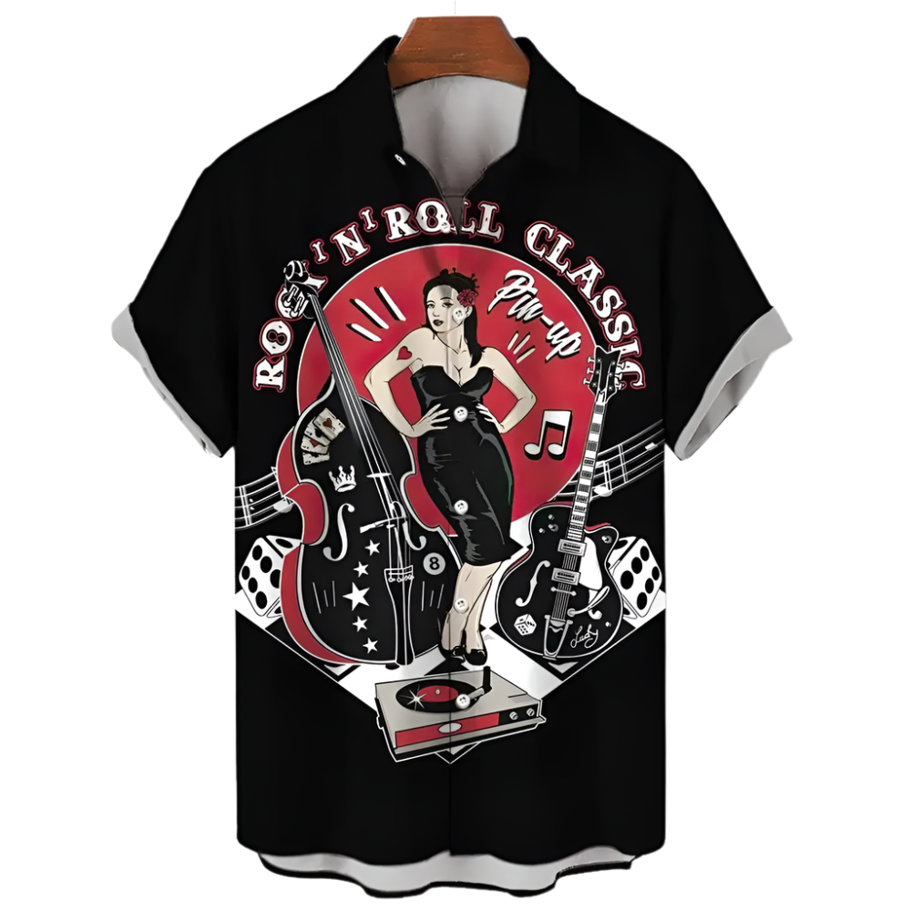 Black t-shirt with rock 'n' roll design featuring a woman, guitar, and bass on a white background.