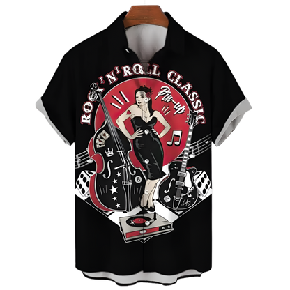 Black t-shirt with rock 'n' roll design featuring a woman, guitar, and bass on a white background.