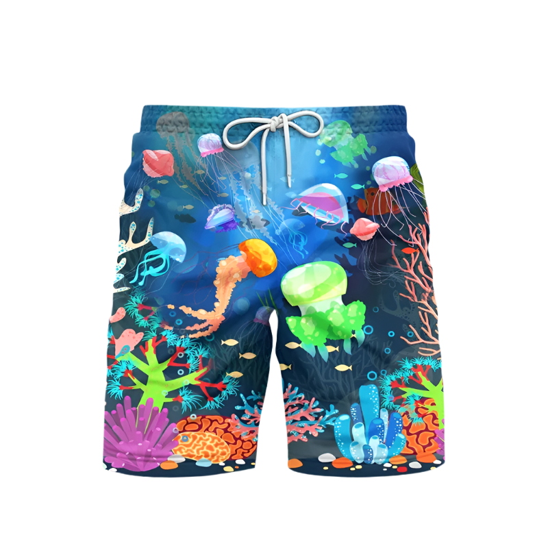 Print Beach Shorts featuring sophisticated marine life design, perfect for luxury adult resort theme nights