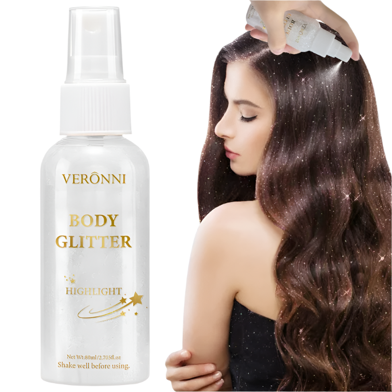 Veronni body glitter bottle with a woman applying it to her hair on a white background