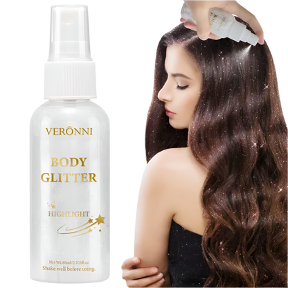 Veronni body glitter bottle with a woman applying it to her hair on a white background