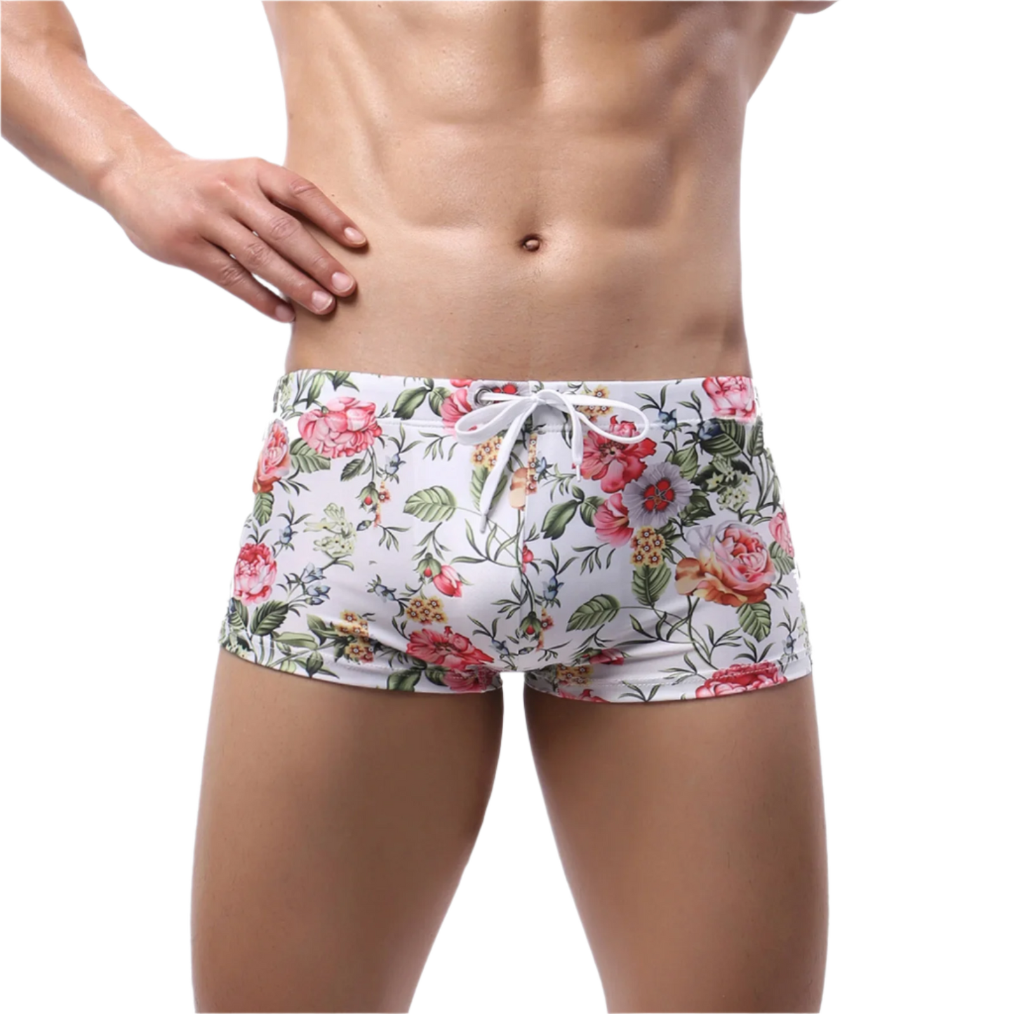 Floral-patterned boxer briefs with tropical leaf and flower design.