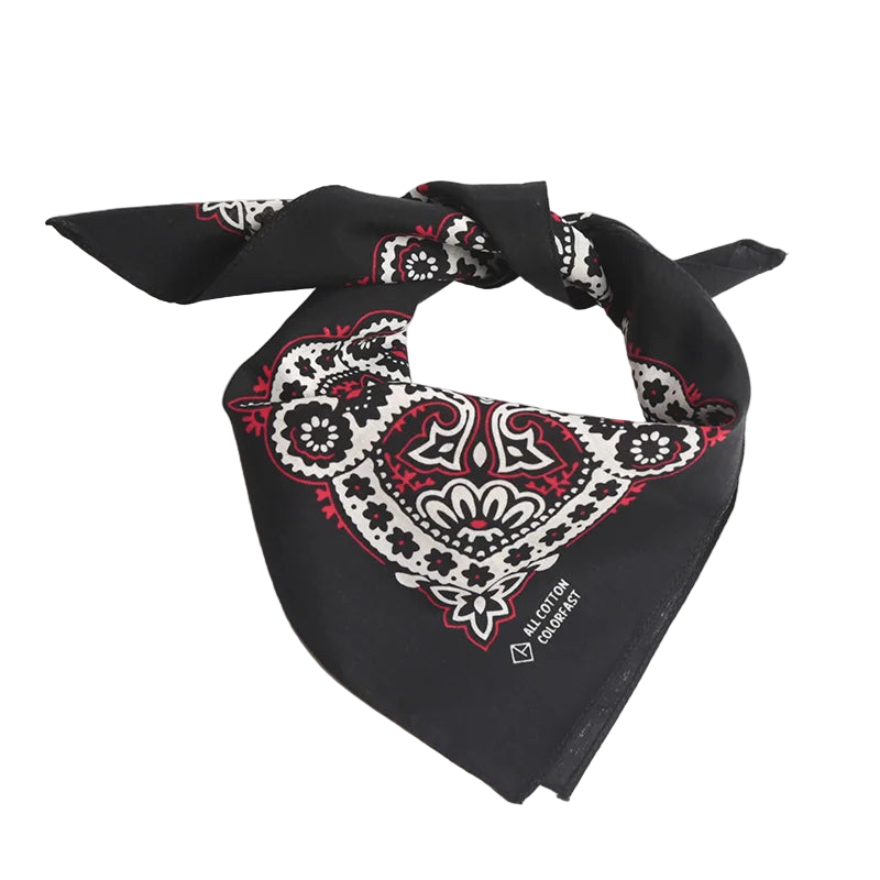 Black bandana with white and red patterns on a white background