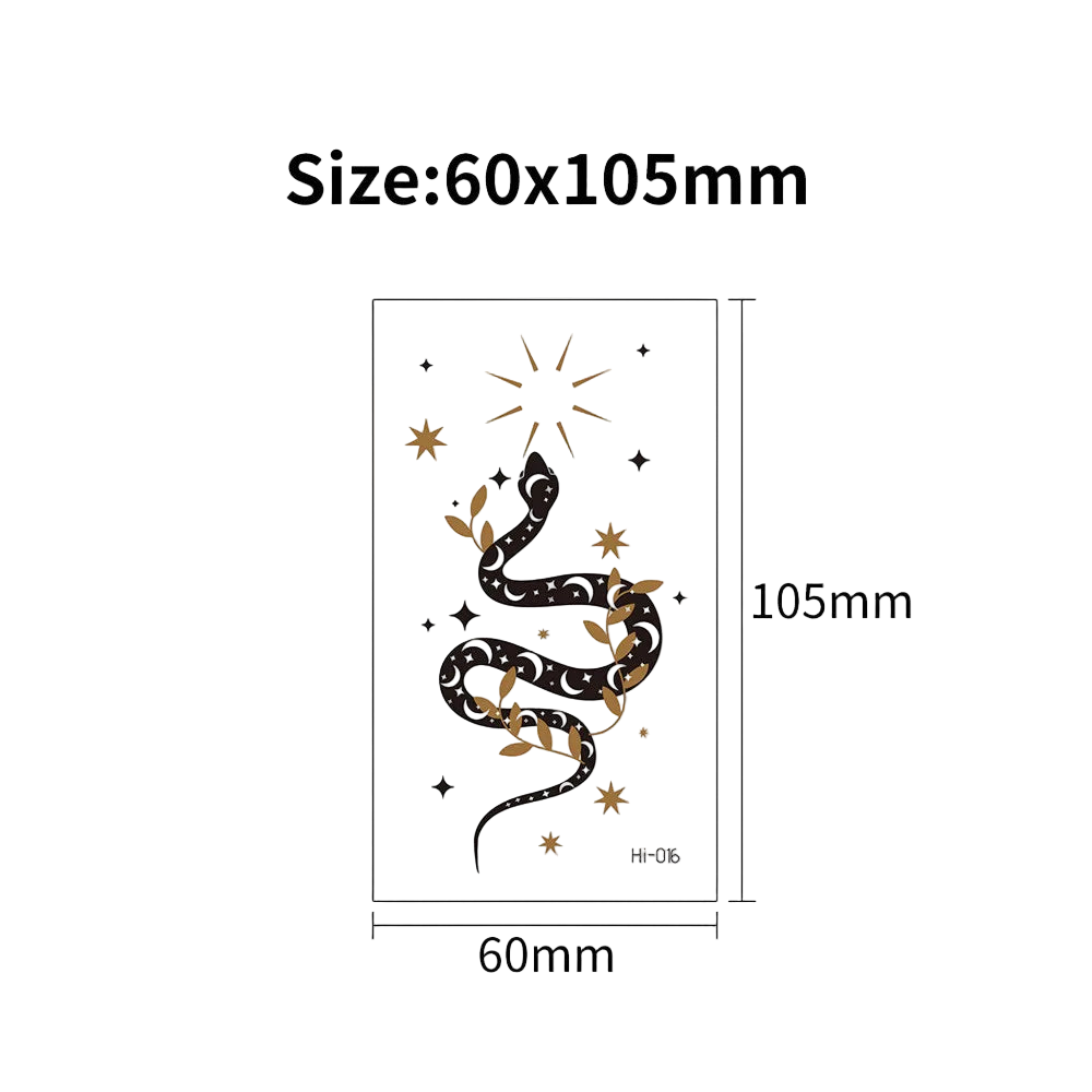 Tattoo design with snake and star pattern and size dimensions on a white background