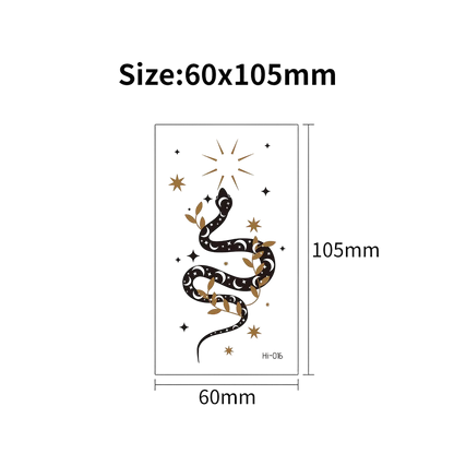 Tattoo design with snake and star pattern and size dimensions on a white background