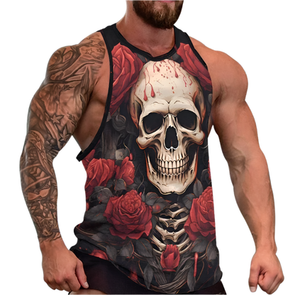 Tank top with skull and roses design worn by a person