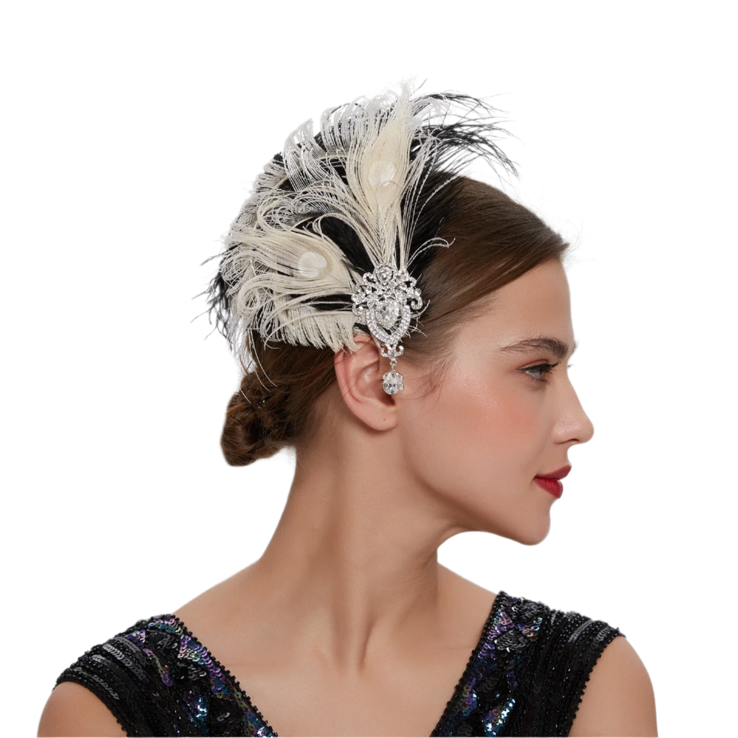 Luxurious peacock feather headband with rhinestones and tassels for exotic Gatsby resort theme nights

