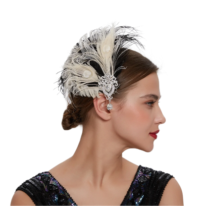 Luxurious peacock feather headband with rhinestones and tassels for exotic Gatsby resort theme nights

